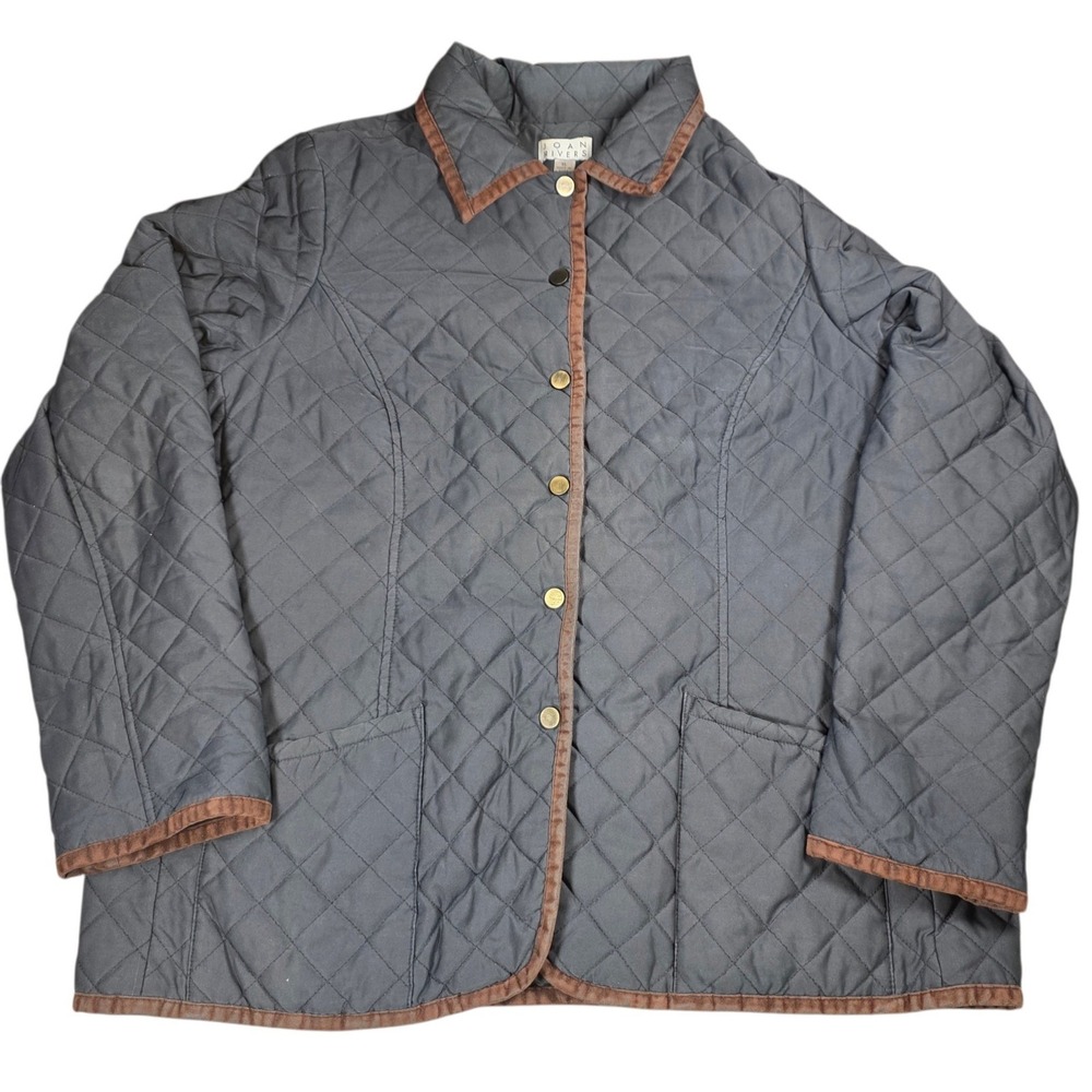 Joan Rivers Quilted Barn Chore Jacket Black Brown Trim Snap Front Y2K XL Coat